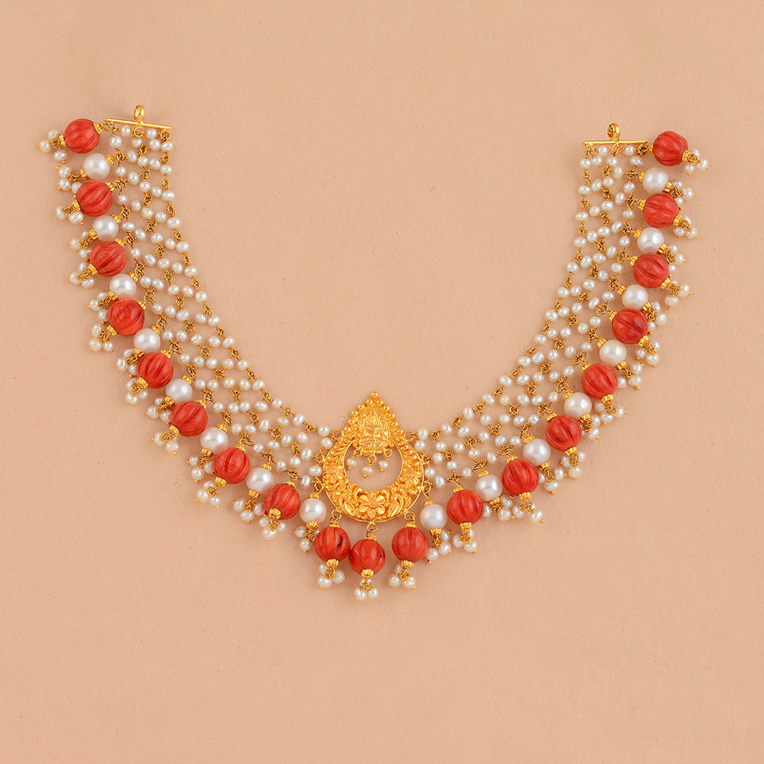 Gold  Pearl and Coral Short Necklace