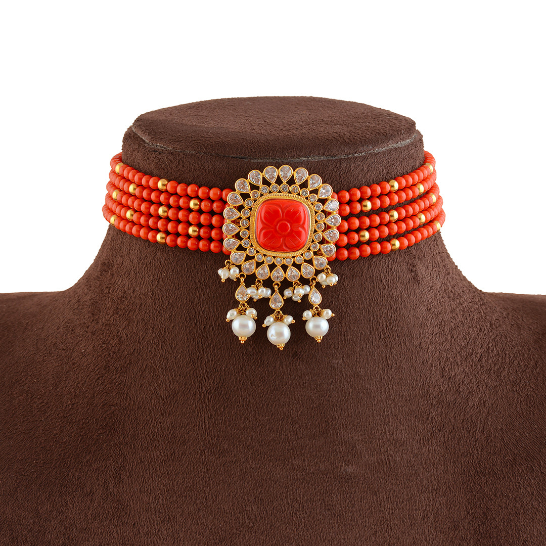 Red Coral Gold Choker Necklace With Pearls