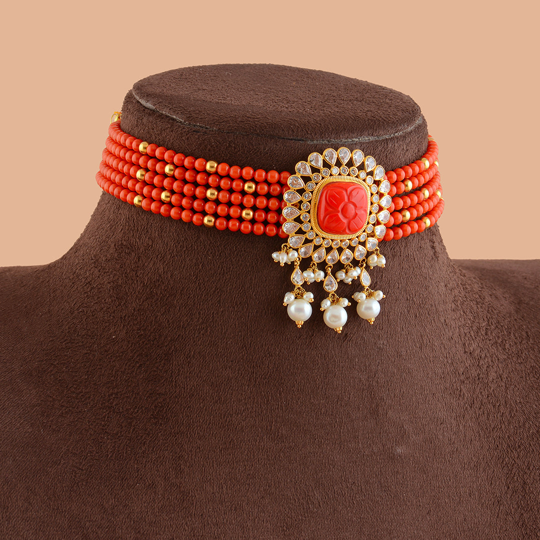 Red Coral Gold Choker Necklace With Pearls