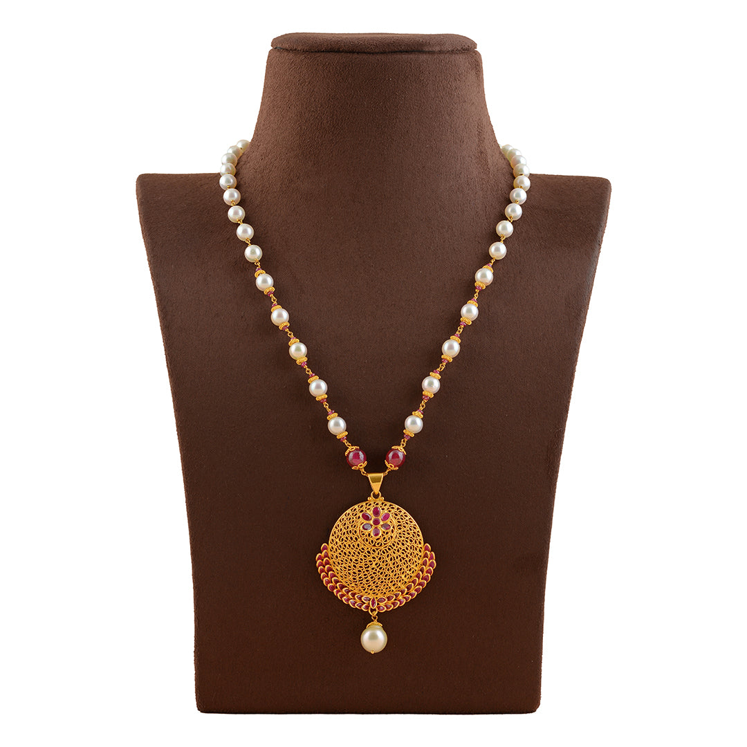 Gold Pearl Necklace With Filgree Work Pendant