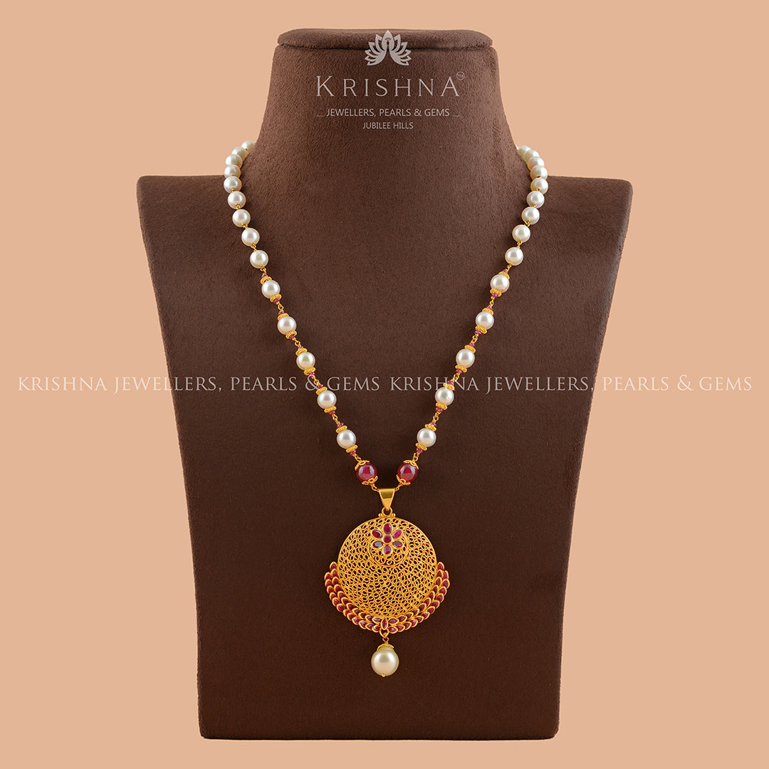 Gold Pearl Necklace With Filgree Work Pendant