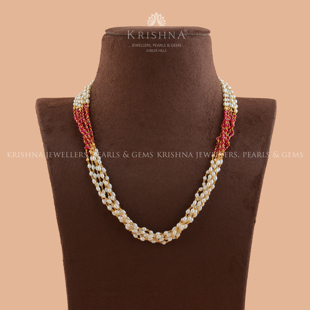 Multiline Ruby and Pearl Necklace in Gold