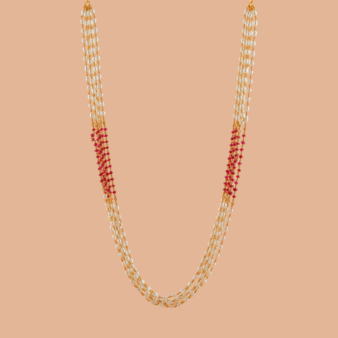 Multiline Ruby and Pearl Necklace in Gold