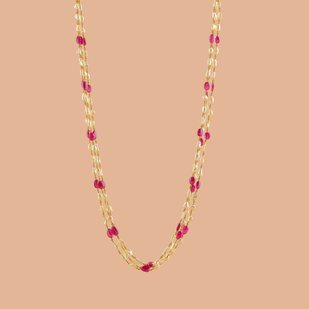 Exotic Ruby And Keshi Gold Pearl Necklace