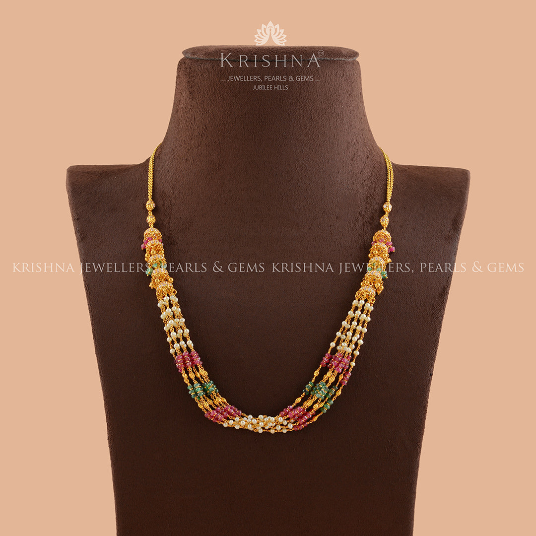 Classic Gold Pearl Necklace With Precious  Stone