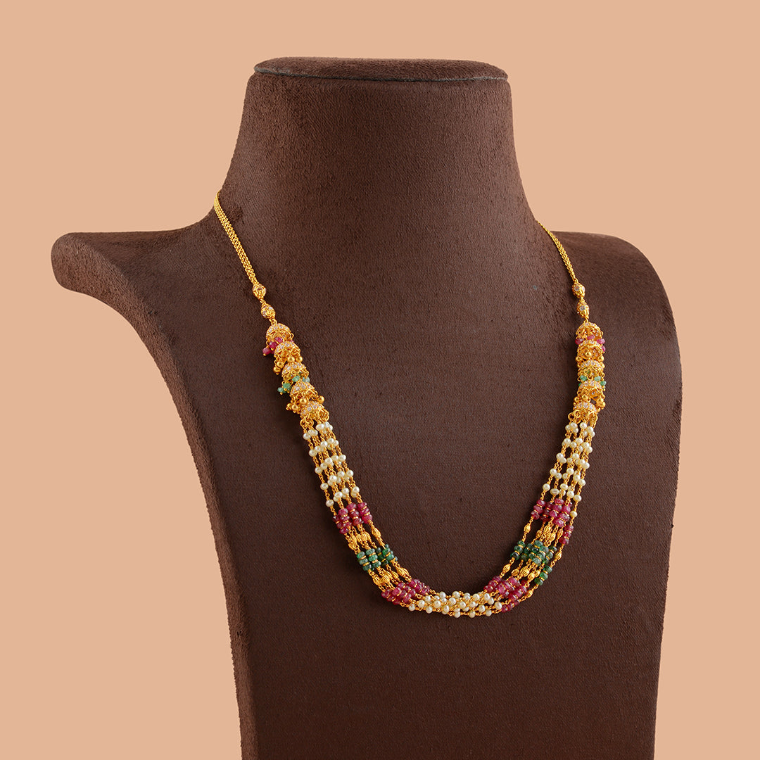 Classic Gold Pearl Necklace With Precious  Stone