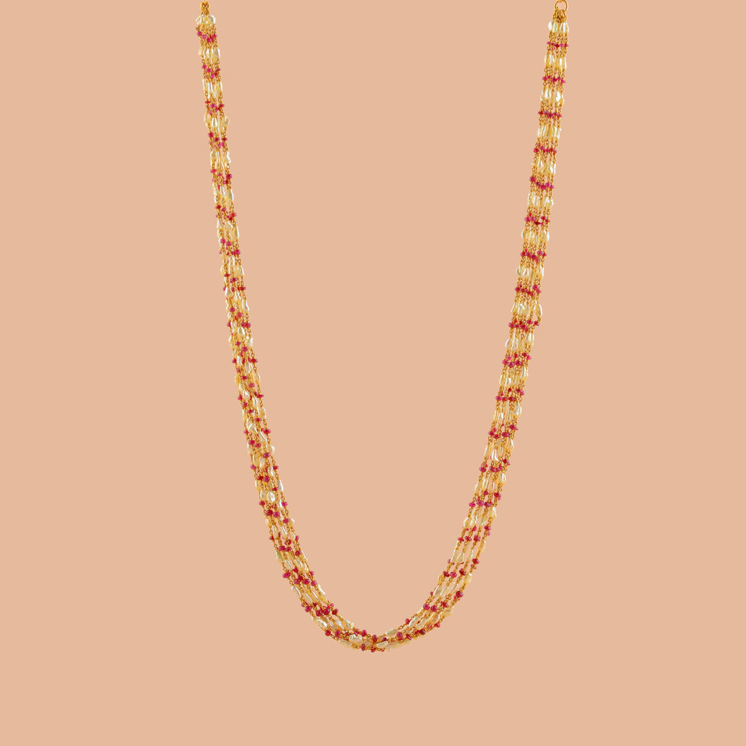 Octadic Keshi Pearl Necklace with Ruby Accents
