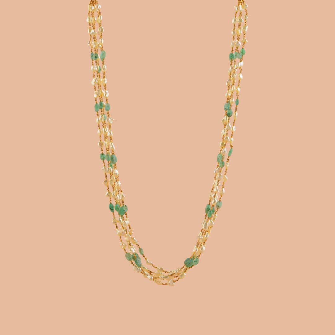Multiline Pearl and Emerald Necklace in Gold