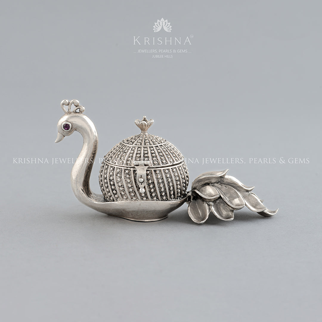 Silver Peacock themed KumKum Box