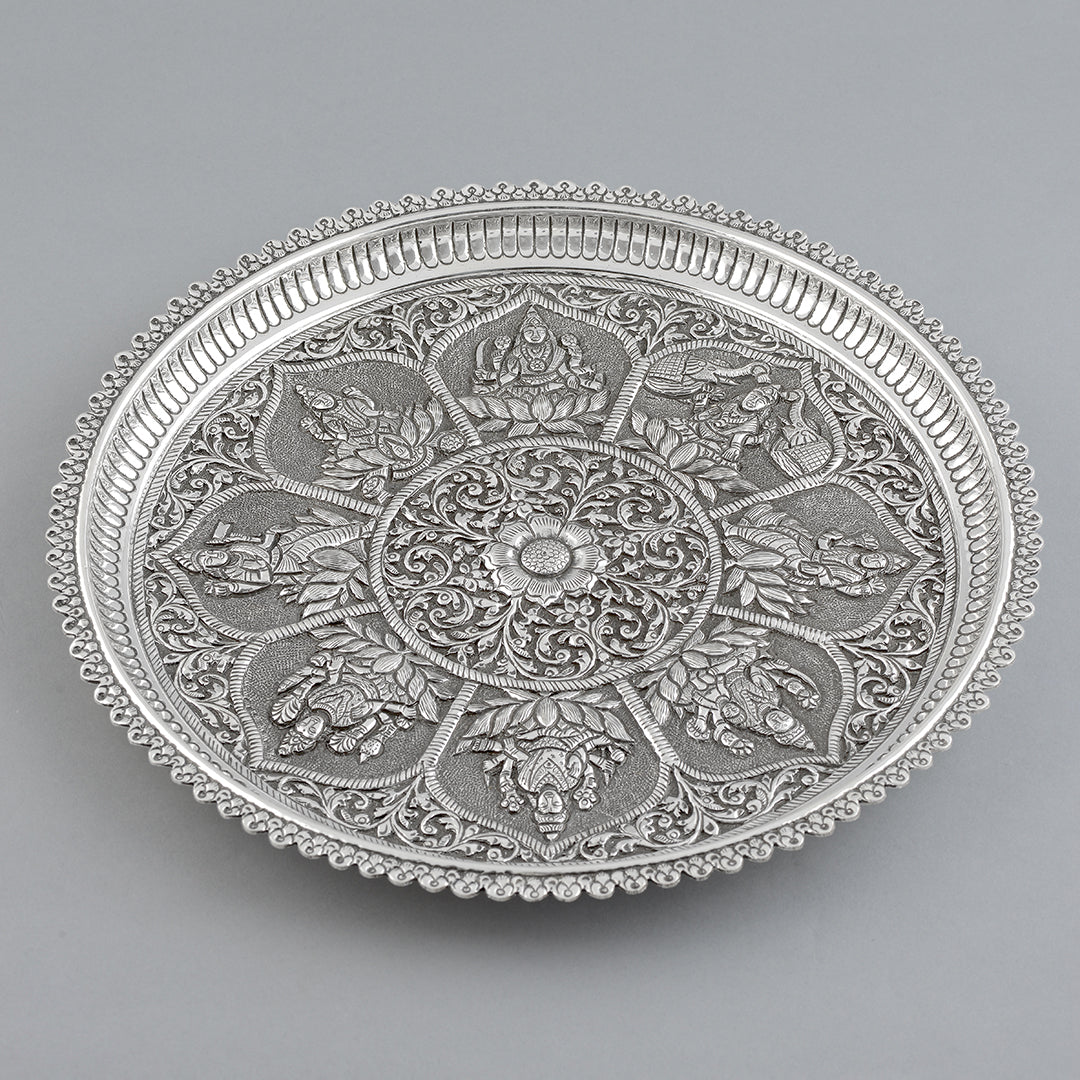 Silver Floral Antique Pooja Plate