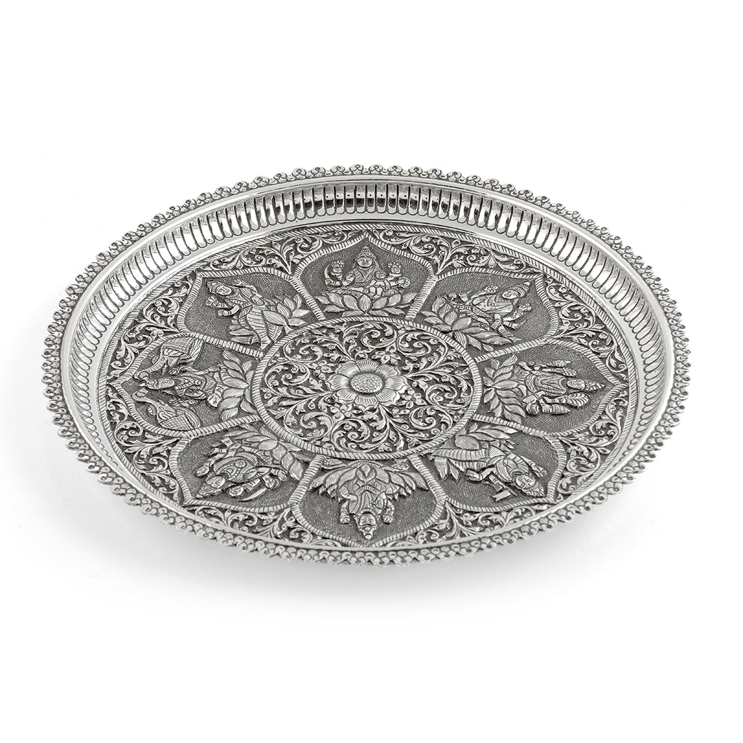 Silver Floral Antique Pooja Plate