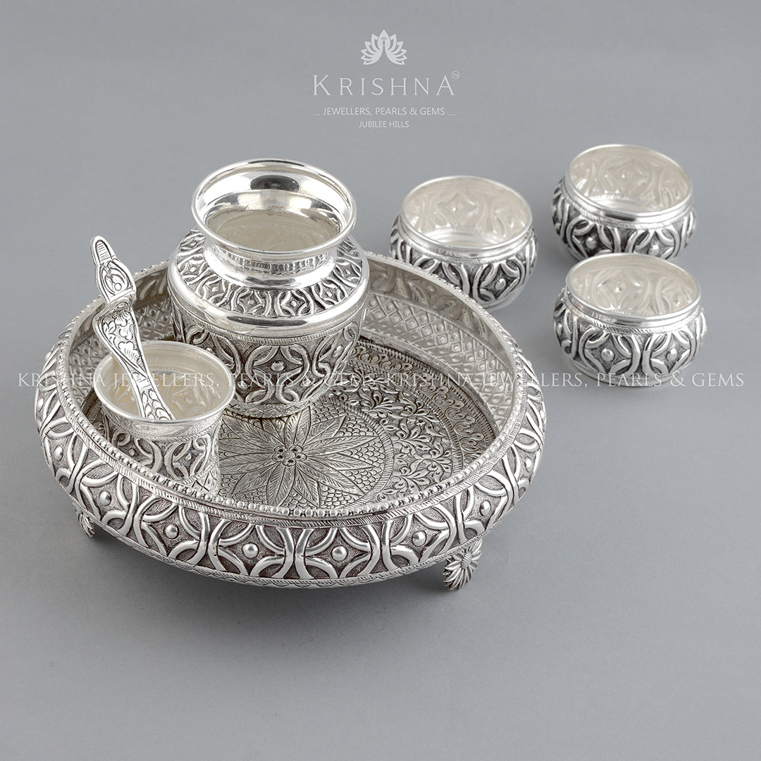 92.5 Pure Silver Pooja Thali Set - Krishna Jewellers Pearls and Gems