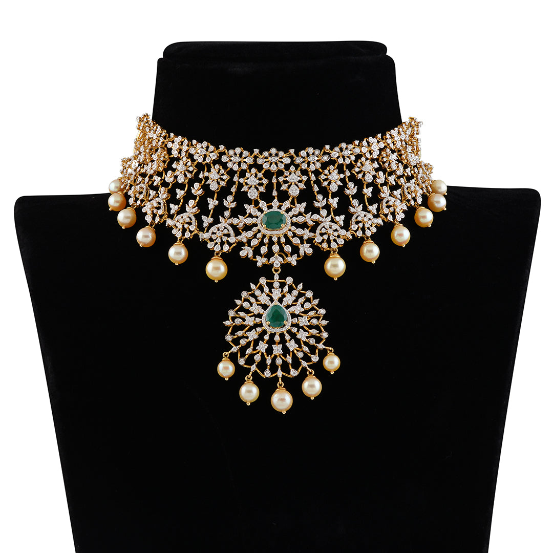 Floral Diamond Pearl Choker with hanging pendent