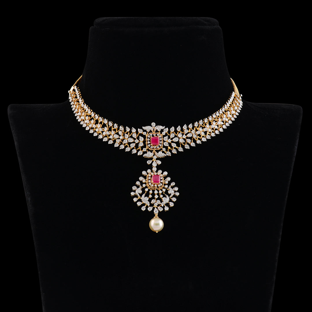 Diamond Ruby Pearl short necklace