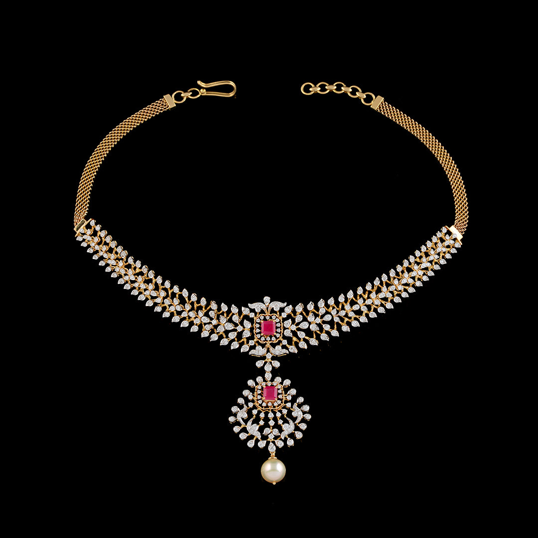 Diamond Ruby Pearl short necklace