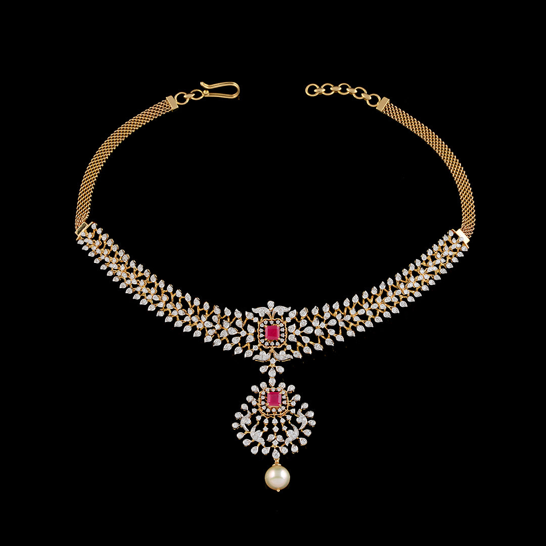 Diamond Ruby Pearl short necklace - Krishna Jewellers Pearls and Gems