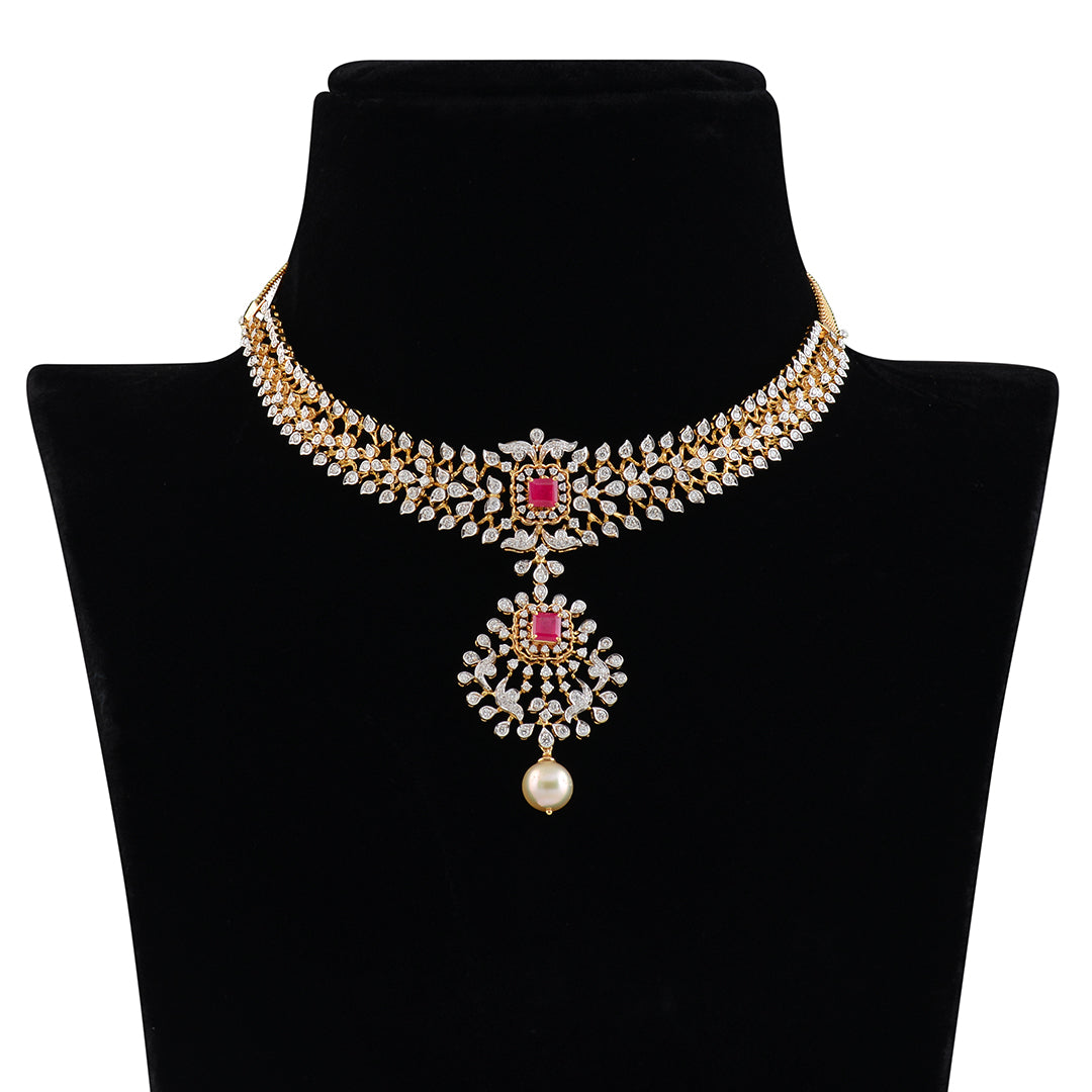 Diamond Ruby Pearl short necklace - Krishna Jewellers Pearls and Gems