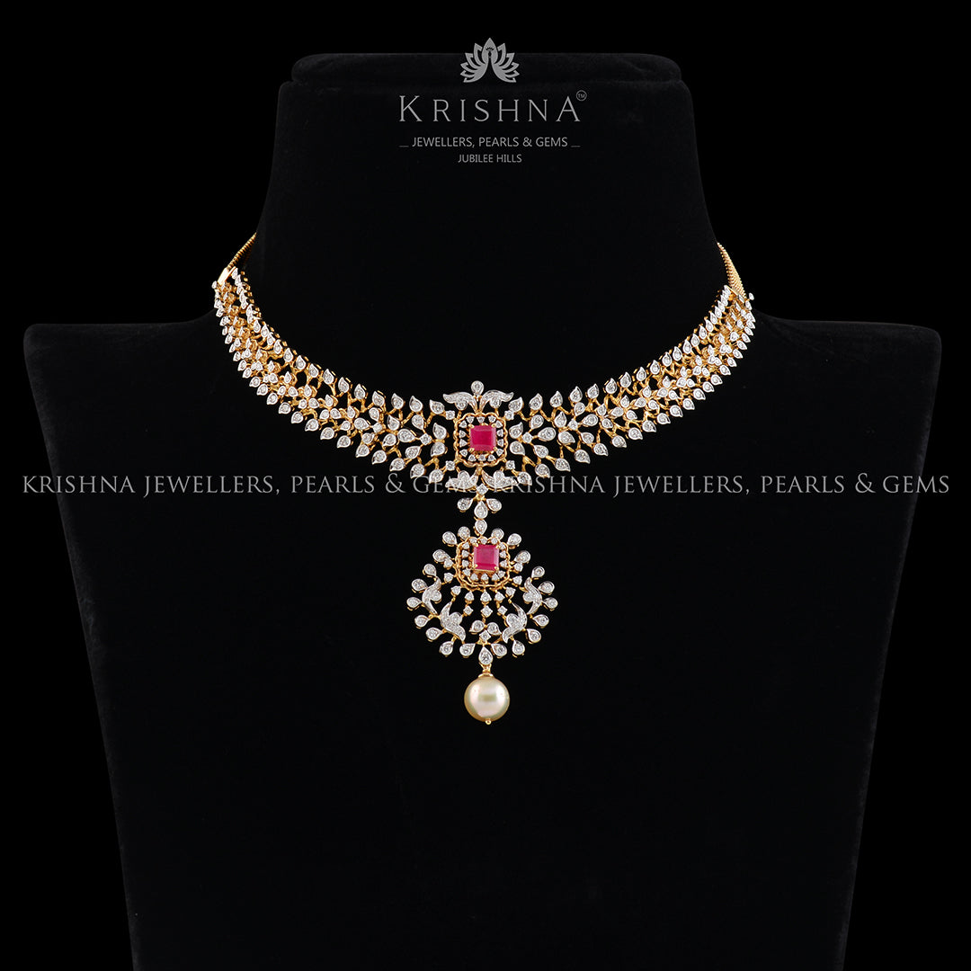 Diamond Ruby Pearl short necklace - Krishna Jewellers Pearls and Gems