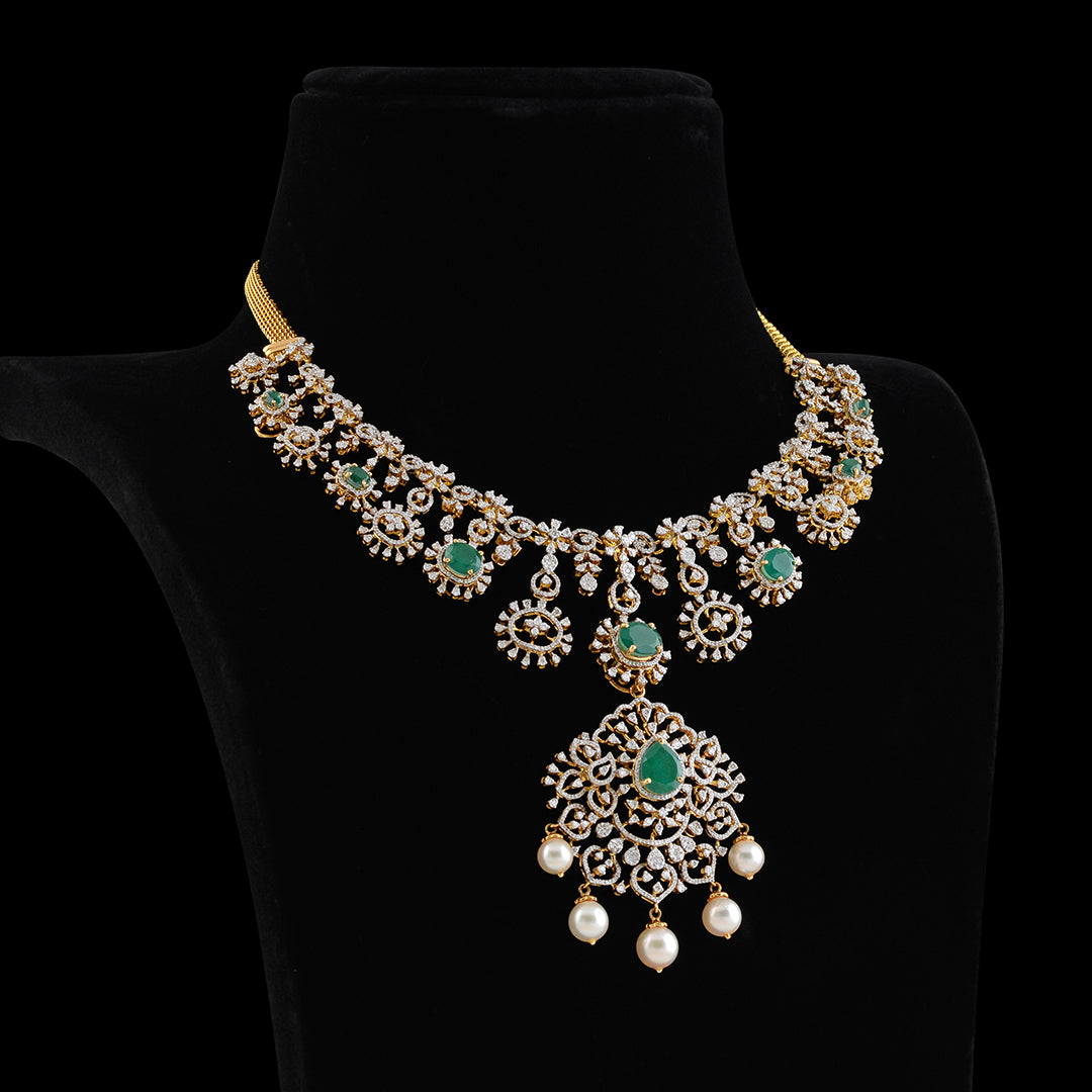 Diamond Short Necklace with beads and pearls - Krishna Jewellers Pearls and Gems