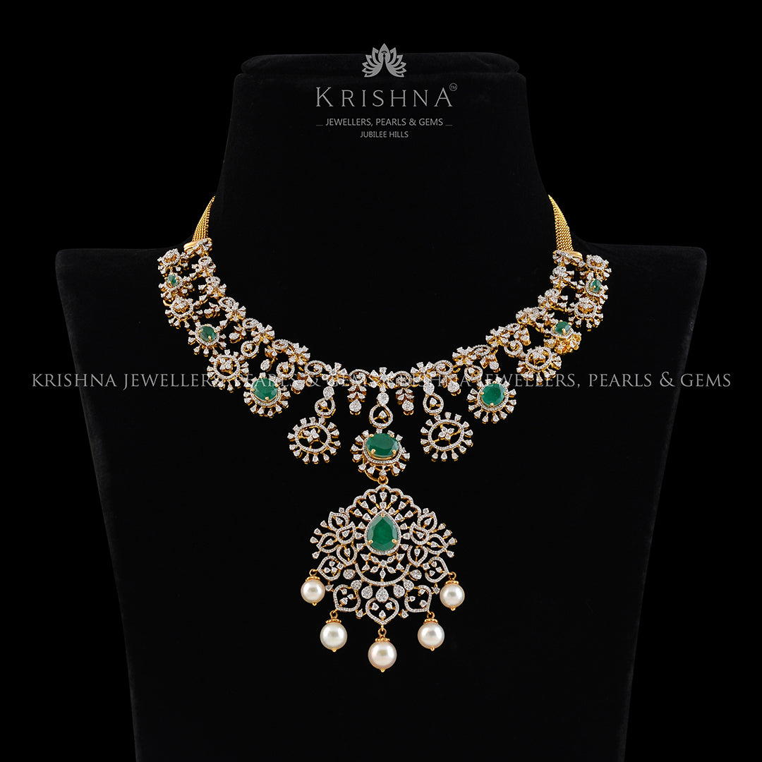 Diamond Short Necklace with beads and pearls - Krishna Jewellers Pearls and Gems
