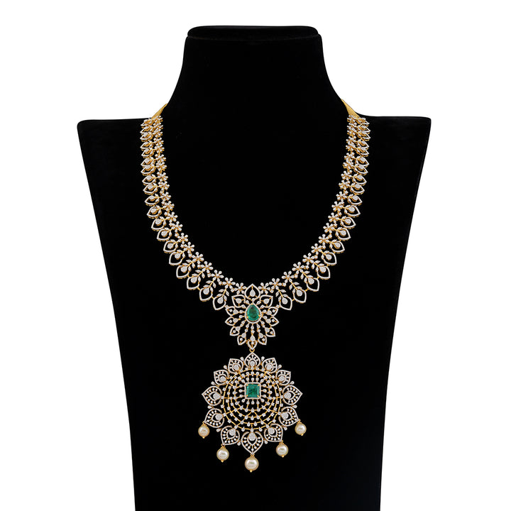 Floral Diamond Emerald Pearl Long Haar - Krishna Jewellers Pearls and Gems