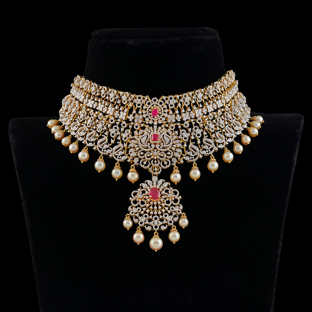 Diamond Rubys Pearl Choker - Krishna Jewellers Pearls and Gems