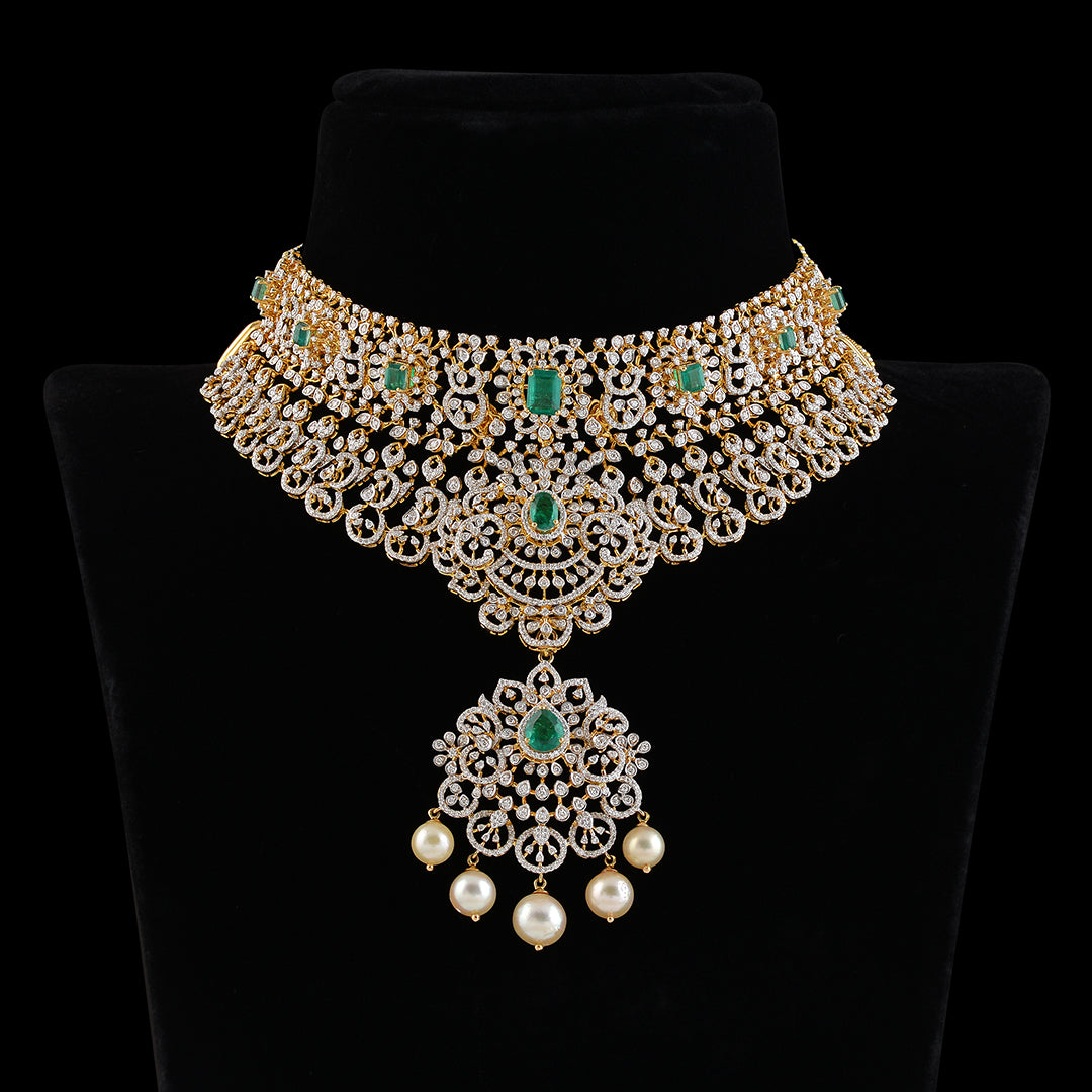 Latest Diamond Emerald Pearls Choker