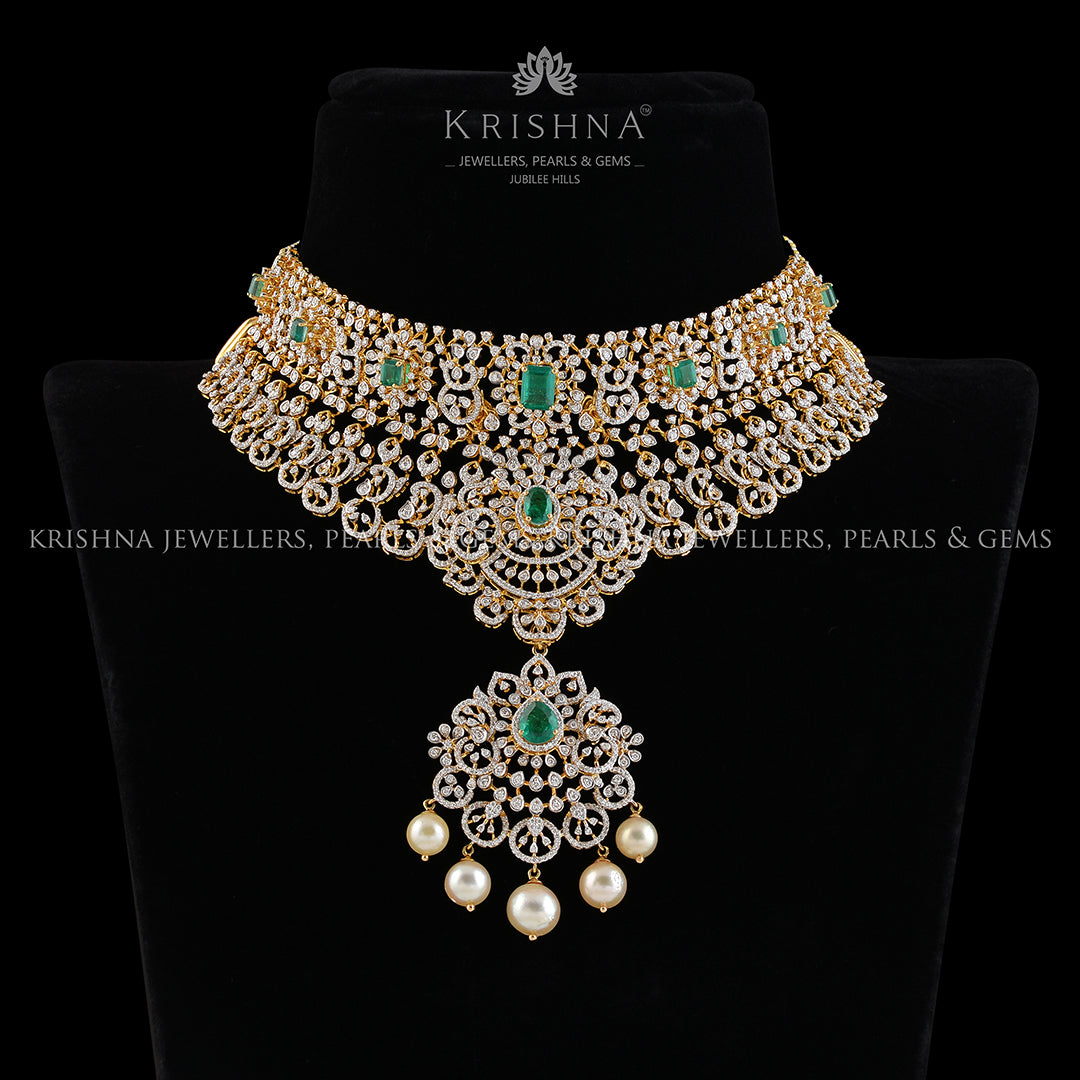 Latest Diamond Emerald Pearls Choker - Krishna Jewellers Pearls and Gems