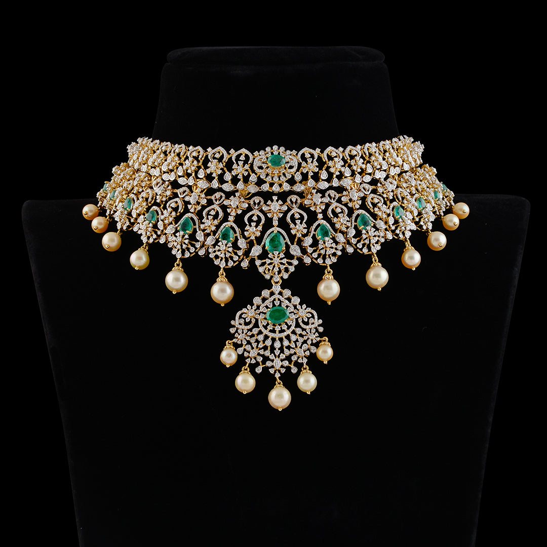 Diamond Emerald Pearl Choker Necklace
