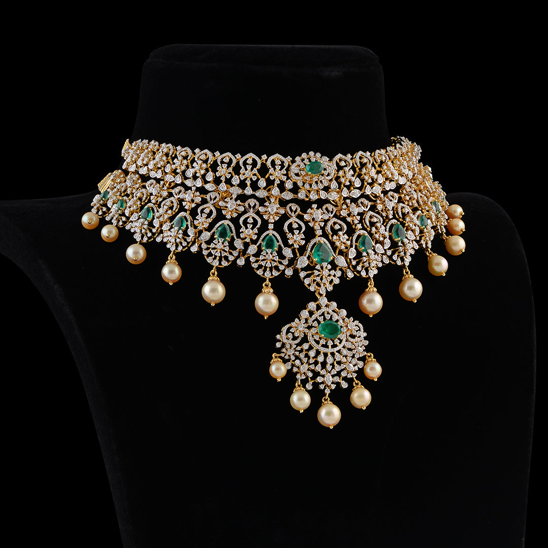 Diamond Emerald Pearl Choker Necklace