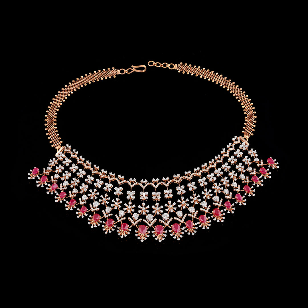 Flower pattern diamond ruby choker