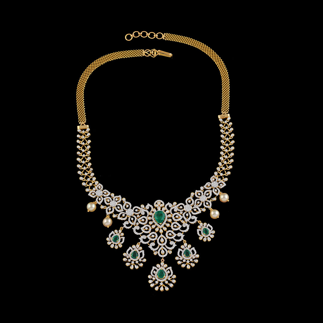 18k Diamond Emeralds and Pearls Necklace