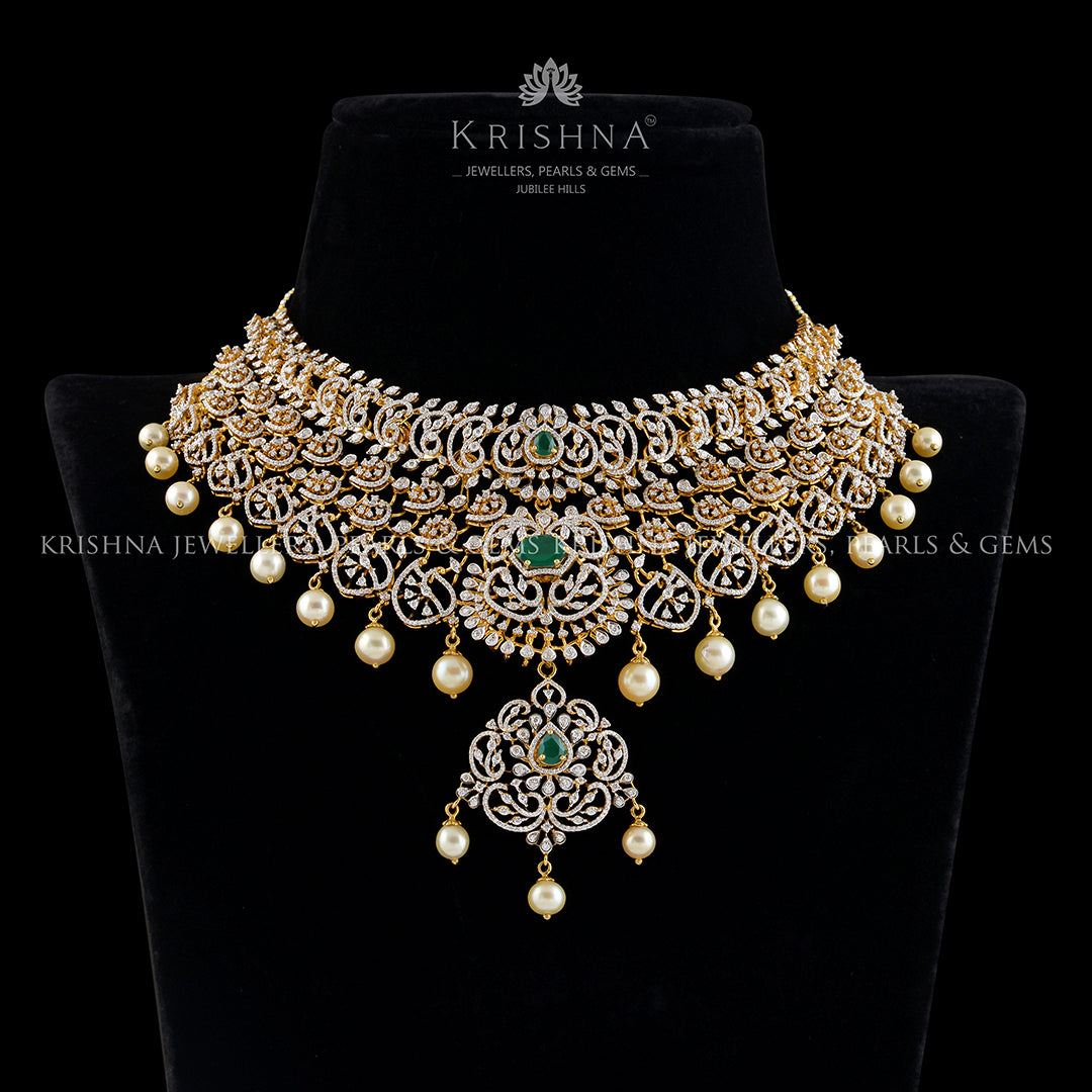 Diamond Emerald Choker with hanging pearls