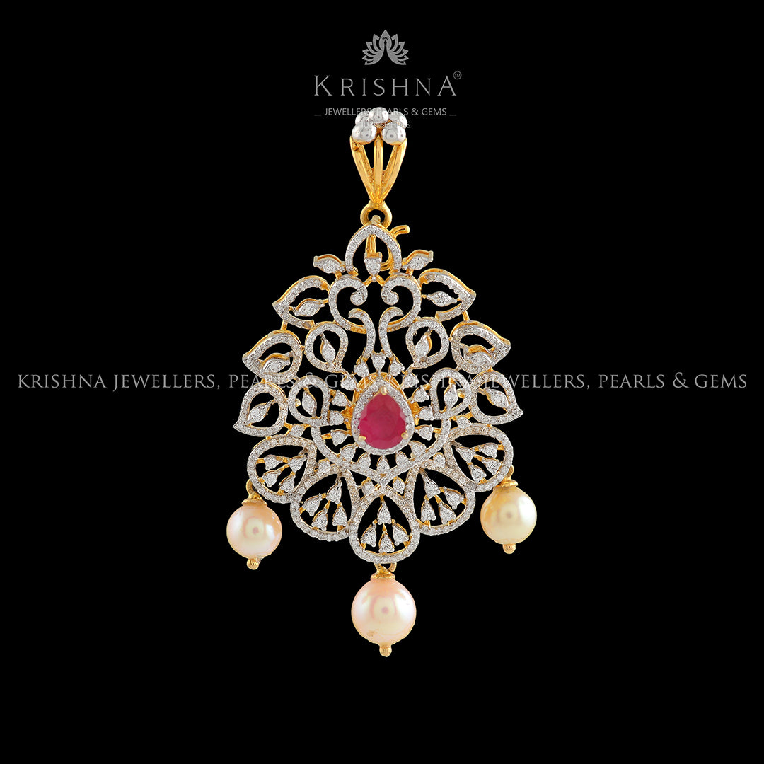 Floral Diamond Pendant With Pearls Drops