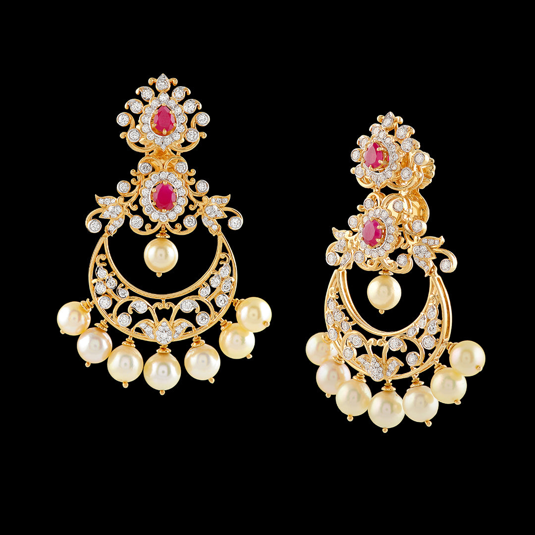 Diamond Chandbali Earrings With Cultured Pearls