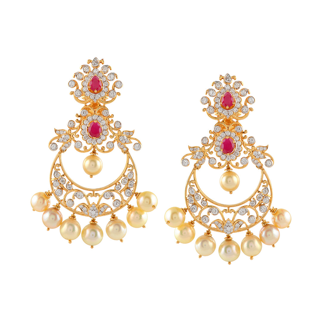 Diamond Chandbali Earrings With Cultured Pearls