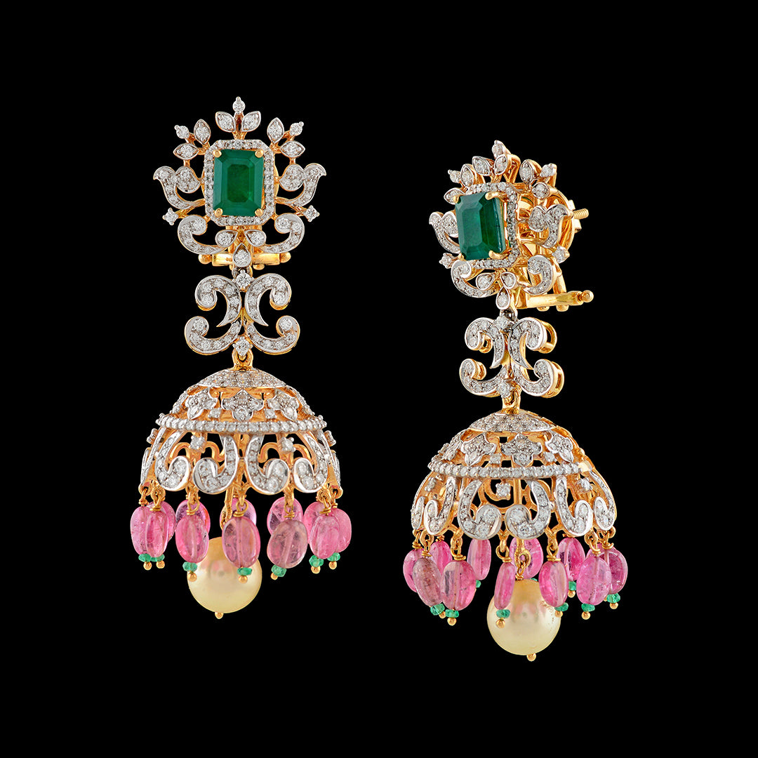 Diamond Jhumka Earrings with Tourmaline Beads