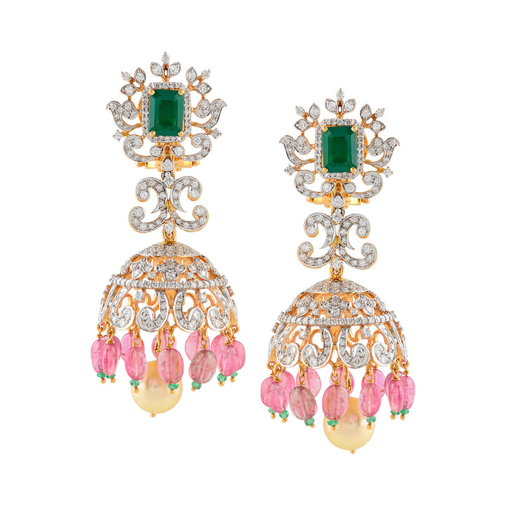 Diamond Jhumka Earrings with Tourmaline Beads - Krishna Jewellers Pearls and Gems