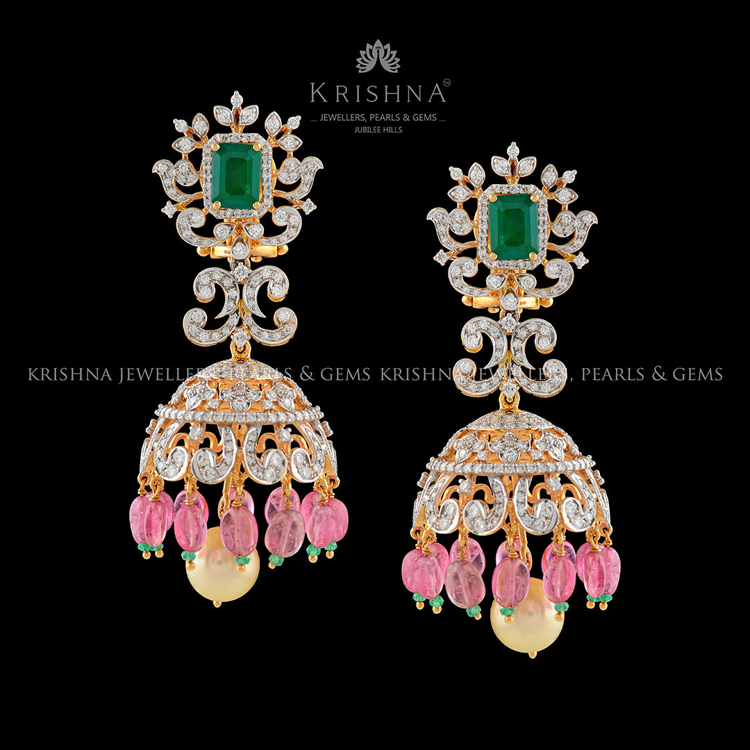 Diamond Jhumka Earrings with Tourmaline Beads