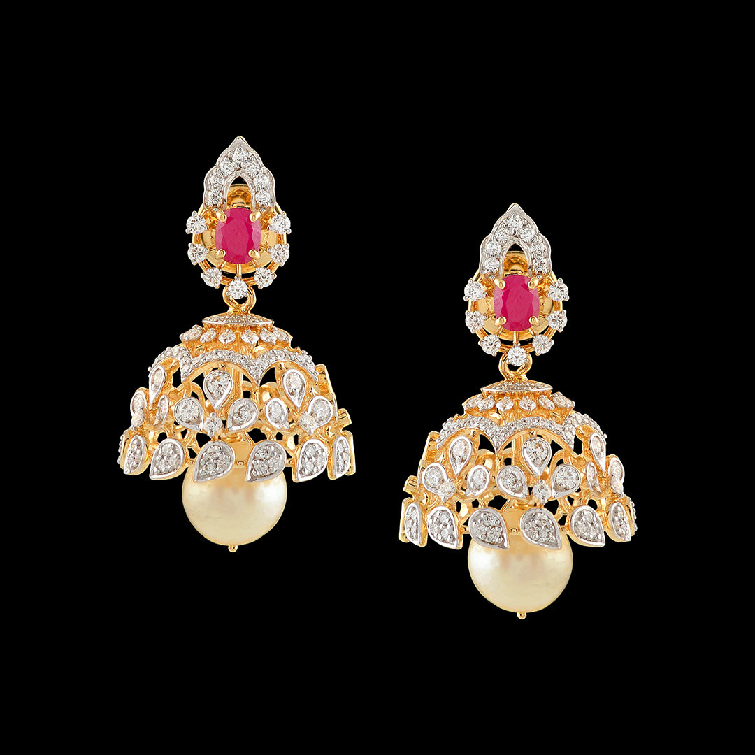 Diamond Jhumka Earrings with Pearl Drops