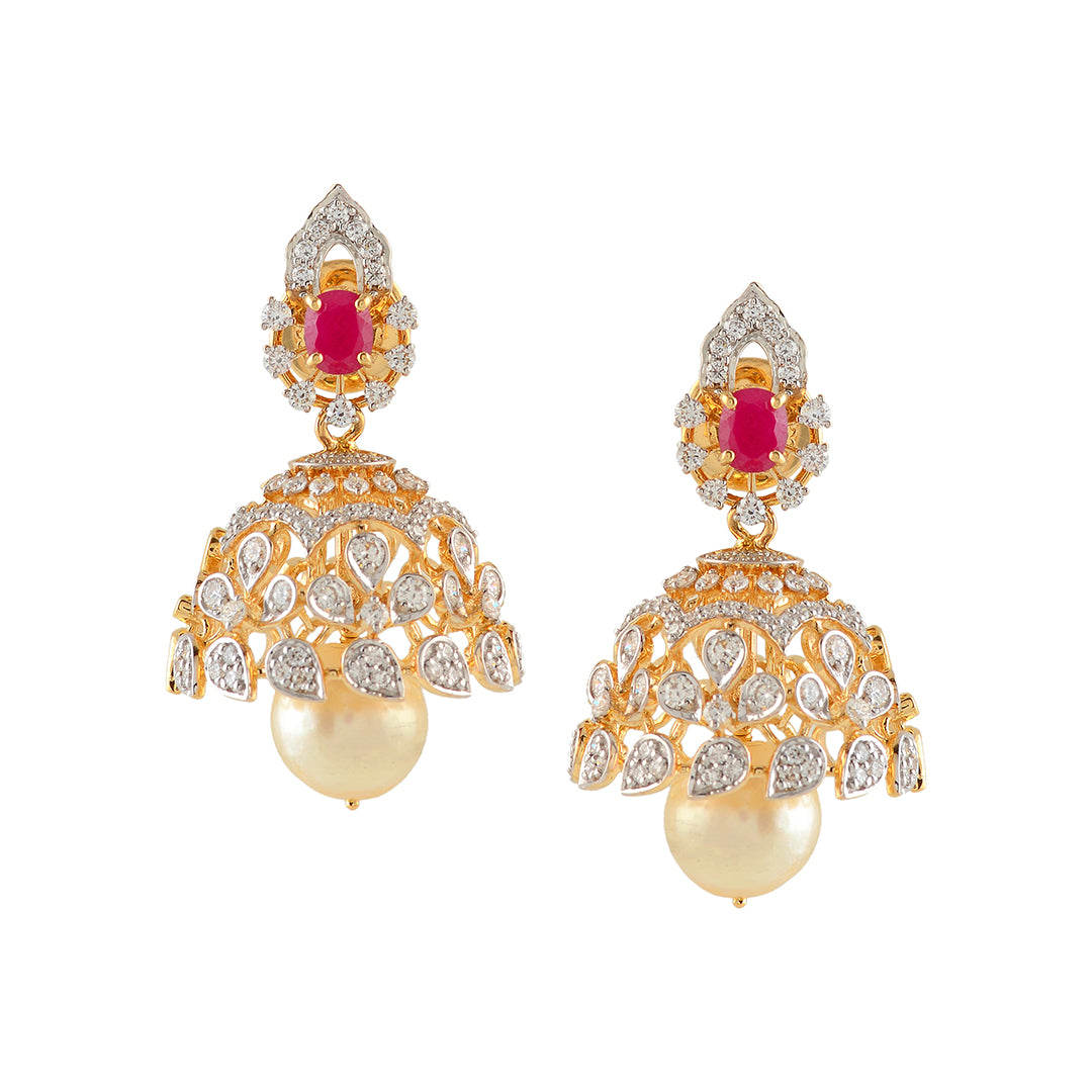 Diamond Jhumka Earrings with Pearl Drops