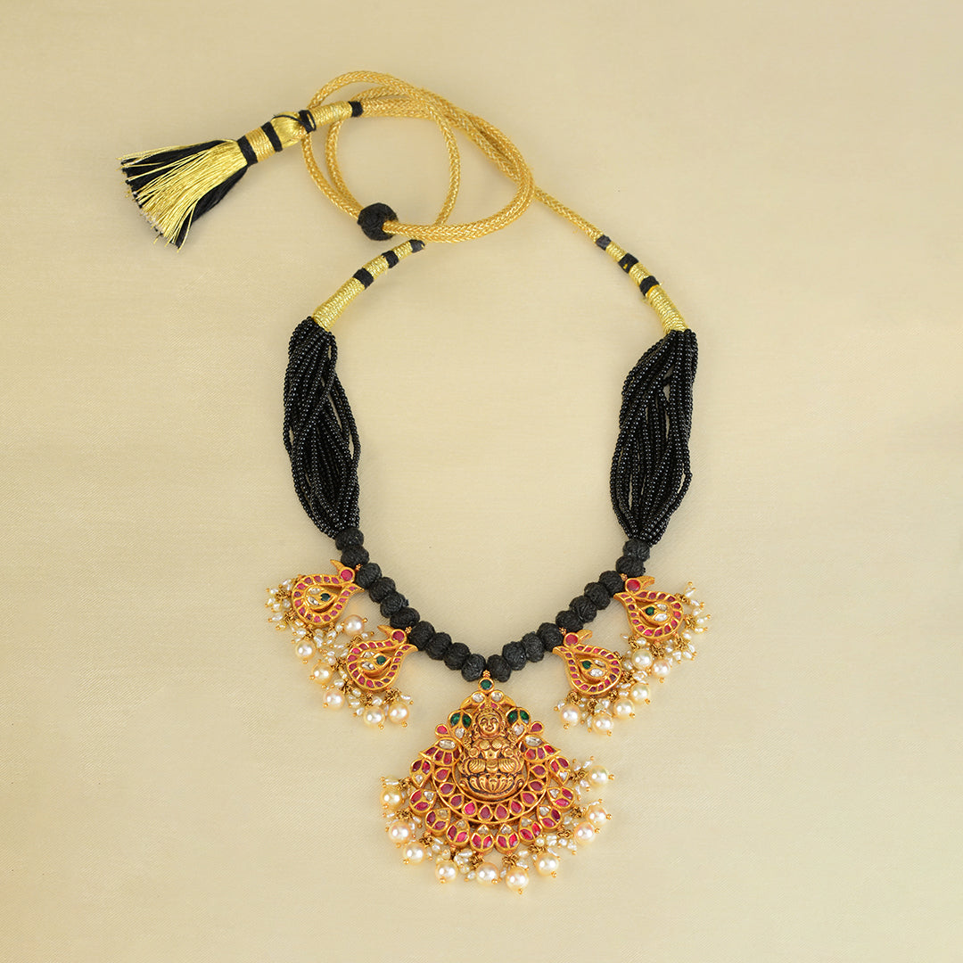 22K Gold Necklace with Cz,Color Stones, South Sea Pearls & Black Thread  (Temple Jewellery) - 235-GN1610 in 50.900 Grams