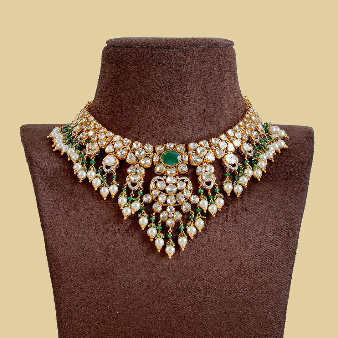 22k Gold Polki Emerald Pearl Necklace