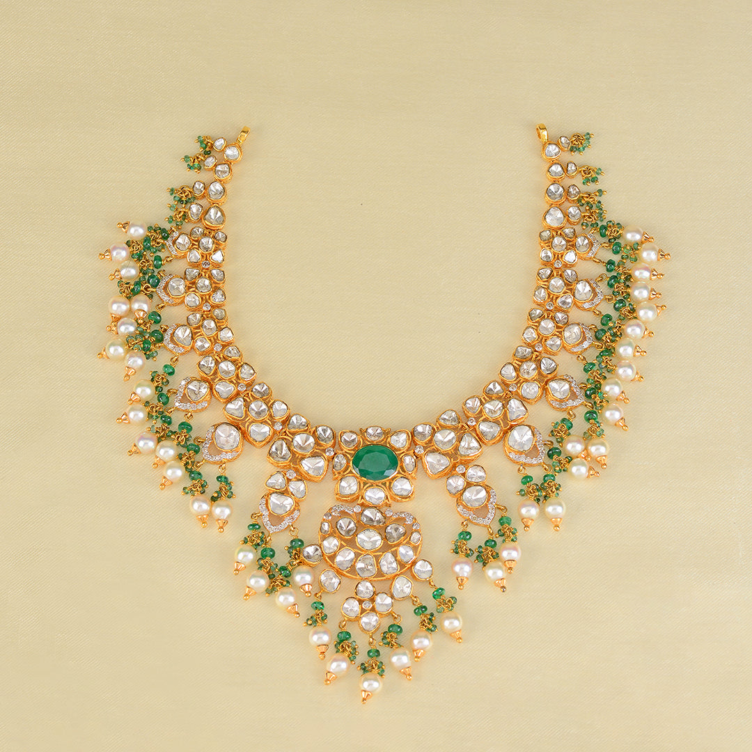 22k Gold Polki Emerald Pearl Necklace