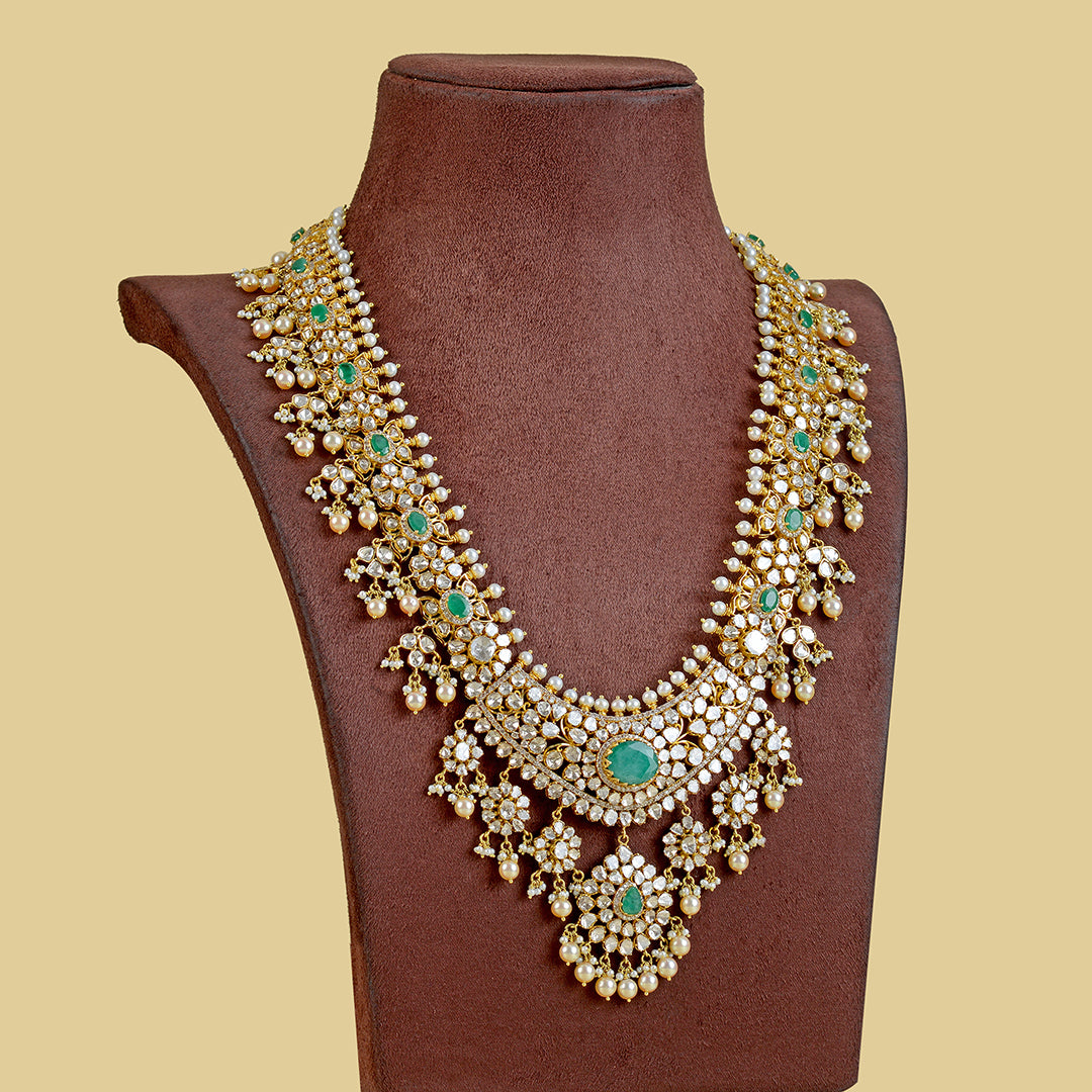 Gold Polki Emerald Long Necklace - Krishna Jewellers Pearls and Gems