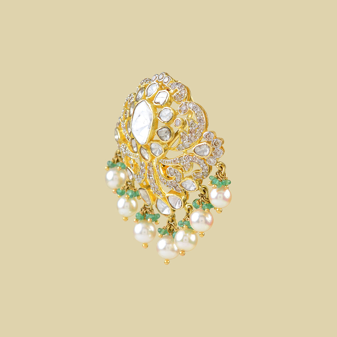 18k Gold Polki Emerald Pearls Pendant