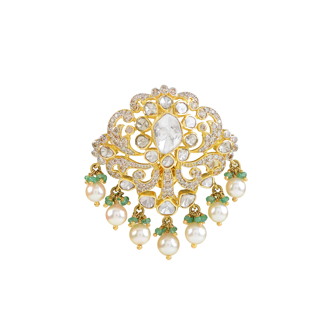 18k Gold Polki Emerald Pearls Pendant