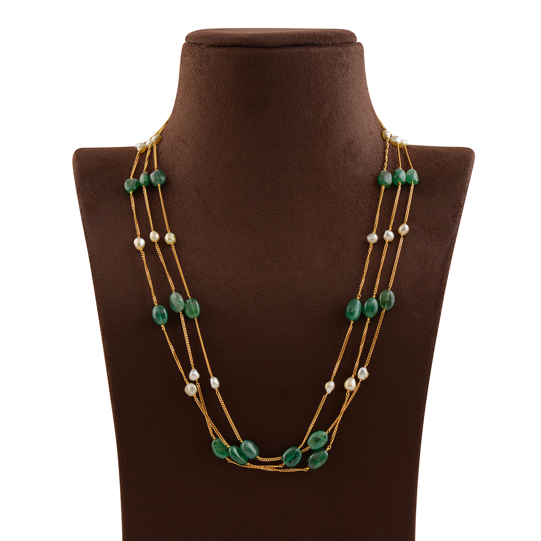 Gold Pearl Necklace With Emerald Beads