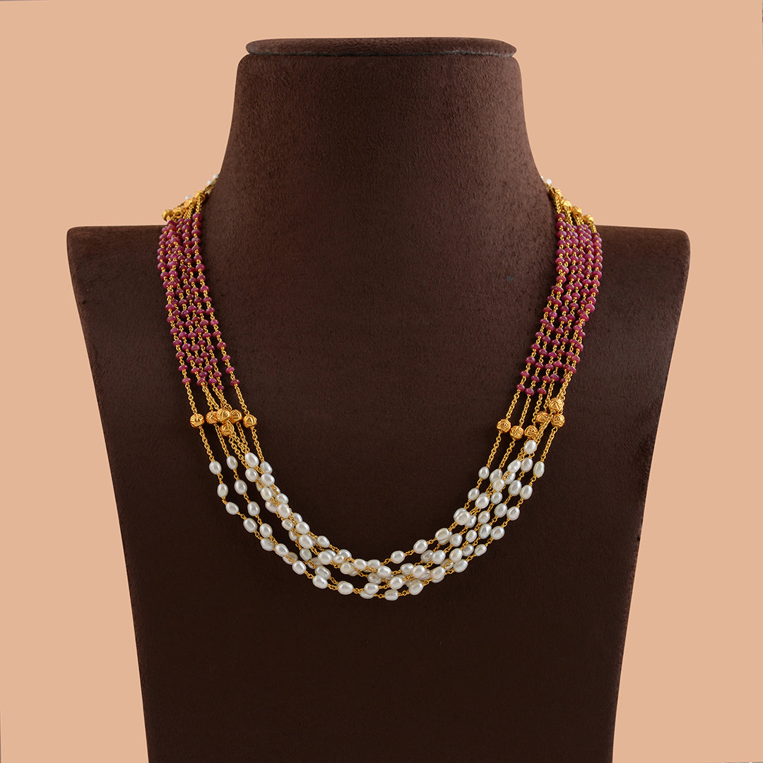 Multiline Rice Pearl Necklace in Gold