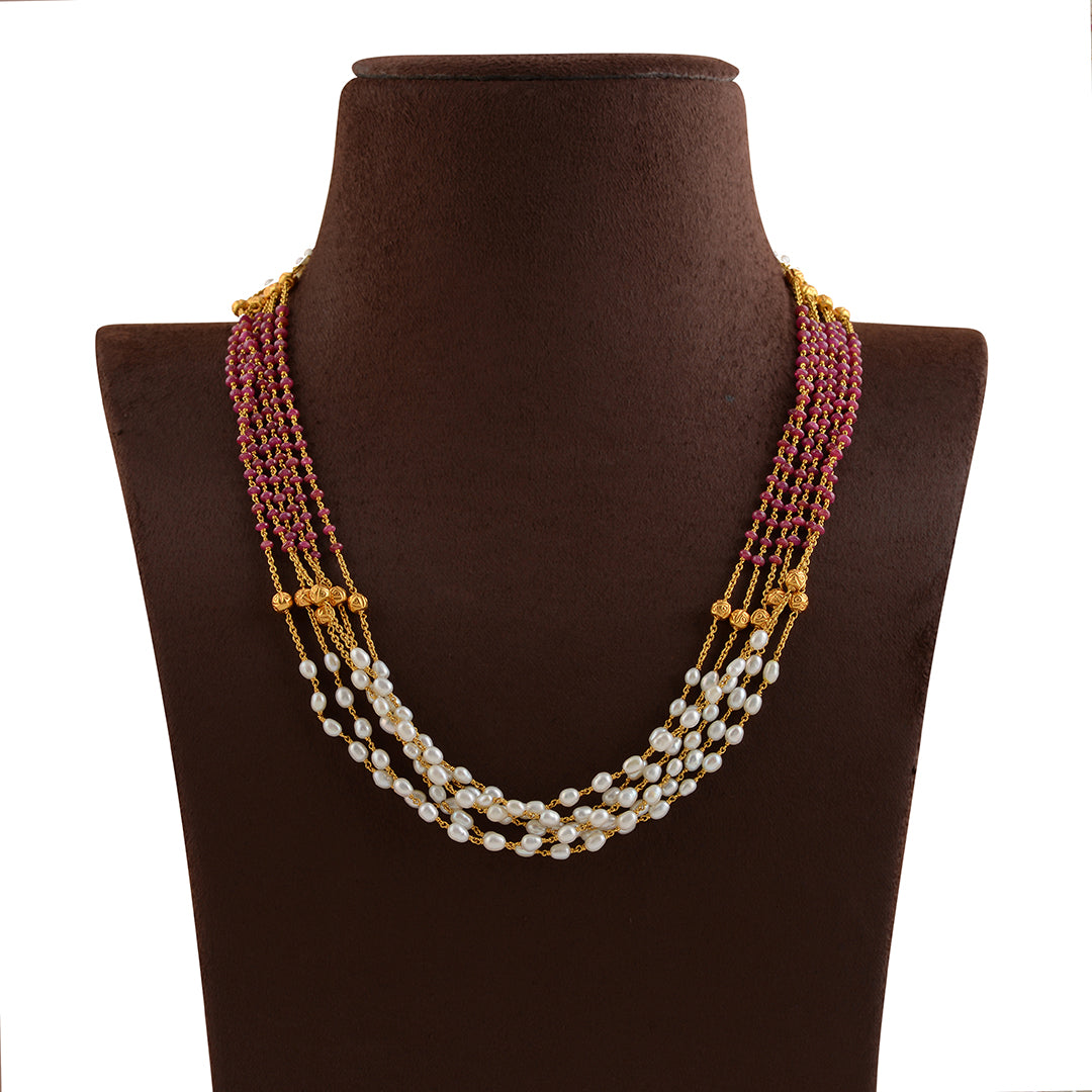 Multiline Rice Pearl Necklace in Gold